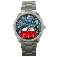 Dog Cartoon Vincent Van Gogh s Starry Night Parody Sport Metal Watch by Sarkoni