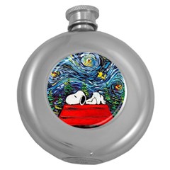 Dog Cartoon Vincent Van Gogh s Starry Night Parody Round Hip Flask (5 Oz) by Sarkoni