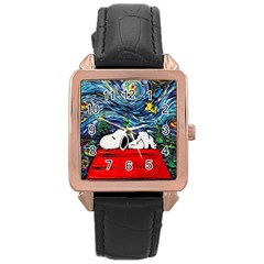 Dog Cartoon Vincent Van Gogh s Starry Night Parody Rose Gold Leather Watch  by Sarkoni