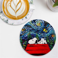 Dog Cartoon Vincent Van Gogh s Starry Night Parody Uv Print Round Tile Coaster by Sarkoni