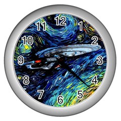 Spaceship Galaxy Parody Art Starry Night Wall Clock (silver) by Sarkoni