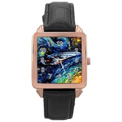 Spaceship Galaxy Parody Art Starry Night Rose Gold Leather Watch  by Sarkoni