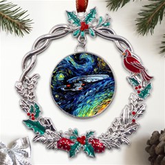 Spaceship Galaxy Parody Art Starry Night Metal X mas Wreath Holly Leaf Ornament by Sarkoni