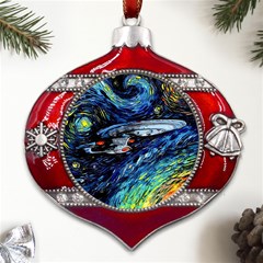 Spaceship Galaxy Parody Art Starry Night Metal Snowflake And Bell Red Ornament by Sarkoni