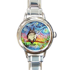 Cartoon Starry Night Art Van Gogh Parody Round Italian Charm Watch by Sarkoni