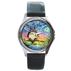 Cartoon Starry Night Art Van Gogh Parody Round Metal Watch by Sarkoni