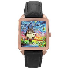 Cartoon Starry Night Art Van Gogh Parody Rose Gold Leather Watch  by Sarkoni