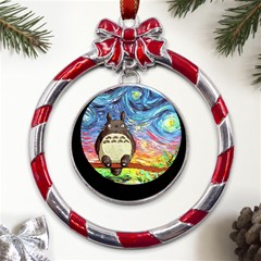 Cartoon Starry Night Art Van Gogh Parody Metal Red Ribbon Round Ornament