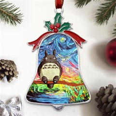 Cartoon Starry Night Art Van Gogh Parody Metal Holly Leaf Bell Ornament by Sarkoni