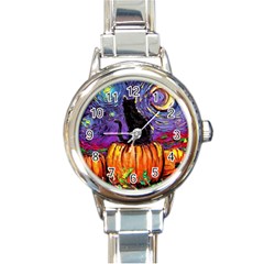 Halloween Art Starry Night Hallows Eve Black Cat Pumpkin Round Italian Charm Watch by Sarkoni