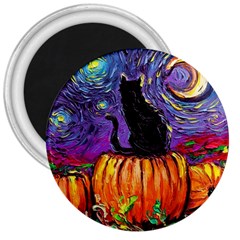 Halloween Art Starry Night Hallows Eve Black Cat Pumpkin 3  Magnets by Sarkoni