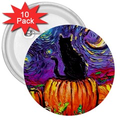 Halloween Art Starry Night Hallows Eve Black Cat Pumpkin 3  Buttons (10 Pack)  by Sarkoni