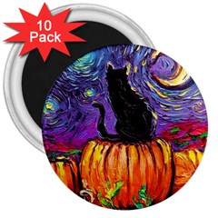 Halloween Art Starry Night Hallows Eve Black Cat Pumpkin 3  Magnets (10 Pack)  by Sarkoni