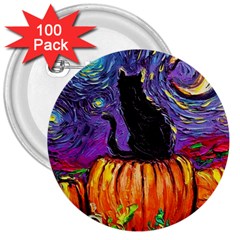 Halloween Art Starry Night Hallows Eve Black Cat Pumpkin 3  Buttons (100 Pack)  by Sarkoni