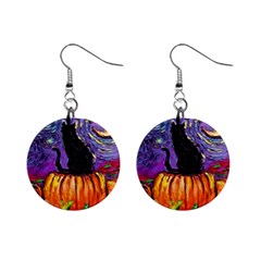 Halloween Art Starry Night Hallows Eve Black Cat Pumpkin Mini Button Earrings by Sarkoni