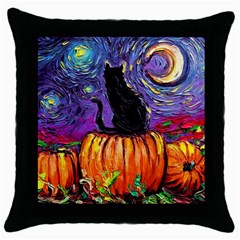 Halloween Art Starry Night Hallows Eve Black Cat Pumpkin Throw Pillow Case (black) by Sarkoni