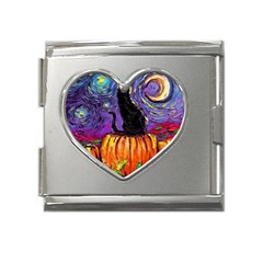 Halloween Art Starry Night Hallows Eve Black Cat Pumpkin Mega Link Heart Italian Charm (18mm) by Sarkoni