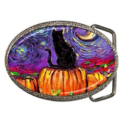 Halloween Art Starry Night Hallows Eve Black Cat Pumpkin Belt Buckles by Sarkoni