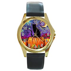 Halloween Art Starry Night Hallows Eve Black Cat Pumpkin Round Gold Metal Watch by Sarkoni