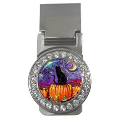 Halloween Art Starry Night Hallows Eve Black Cat Pumpkin Money Clips (cz)  by Sarkoni