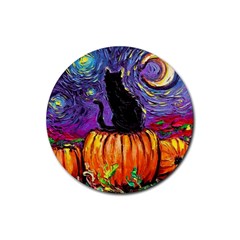 Halloween Art Starry Night Hallows Eve Black Cat Pumpkin Rubber Coaster (round) by Sarkoni