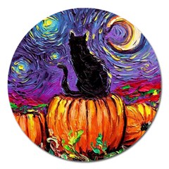 Halloween Art Starry Night Hallows Eve Black Cat Pumpkin Magnet 5  (round) by Sarkoni