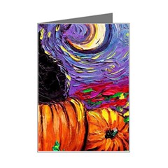 Halloween Art Starry Night Hallows Eve Black Cat Pumpkin Mini Greeting Card by Sarkoni