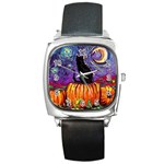 Halloween Art Starry Night Hallows Eve Black Cat Pumpkin Square Metal Watch Front