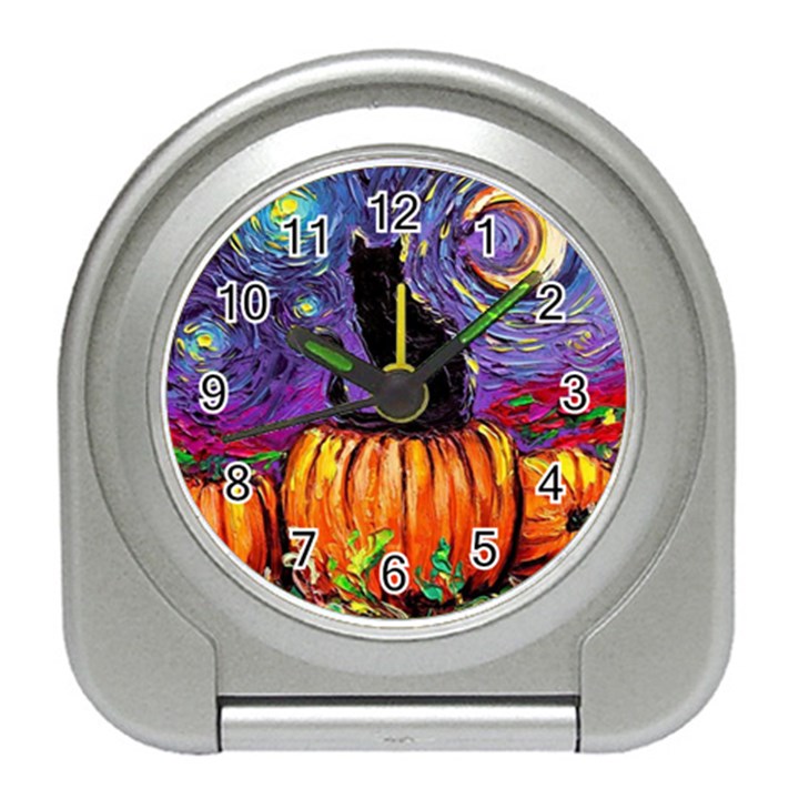 Halloween Art Starry Night Hallows Eve Black Cat Pumpkin Travel Alarm Clock