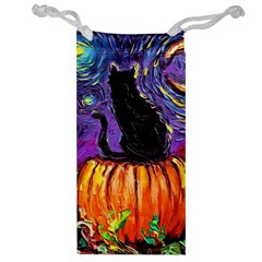 Halloween Art Starry Night Hallows Eve Black Cat Pumpkin Jewelry Bag by Sarkoni