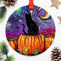 Halloween Art Starry Night Hallows Eve Black Cat Pumpkin Round Ornament (two Sides) by Sarkoni