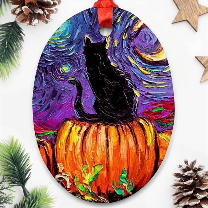 Halloween Art Starry Night Hallows Eve Black Cat Pumpkin Oval Ornament (Two Sides)