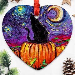 Halloween Art Starry Night Hallows Eve Black Cat Pumpkin Heart Ornament (two Sides)