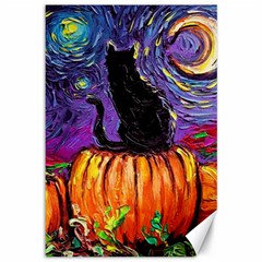 Halloween Art Starry Night Hallows Eve Black Cat Pumpkin Canvas 12  X 18  by Sarkoni