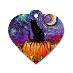 Halloween Art Starry Night Hallows Eve Black Cat Pumpkin Dog Tag Heart (two Sides)