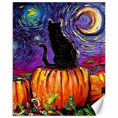 Halloween Art Starry Night Hallows Eve Black Cat Pumpkin Canvas 11  X 14 