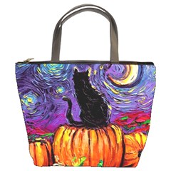 Halloween Art Starry Night Hallows Eve Black Cat Pumpkin Bucket Bag by Sarkoni