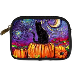 Halloween Art Starry Night Hallows Eve Black Cat Pumpkin Digital Camera Leather Case