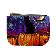 Halloween Art Starry Night Hallows Eve Black Cat Pumpkin Mini Coin Purse by Sarkoni