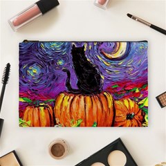 Halloween Art Starry Night Hallows Eve Black Cat Pumpkin Cosmetic Bag (large) by Sarkoni