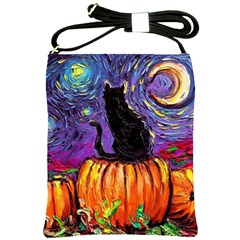 Halloween Art Starry Night Hallows Eve Black Cat Pumpkin Shoulder Sling Bag by Sarkoni