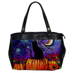 Halloween Art Starry Night Hallows Eve Black Cat Pumpkin Oversize Office Handbag by Sarkoni