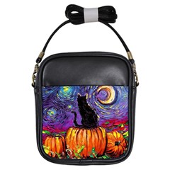 Halloween Art Starry Night Hallows Eve Black Cat Pumpkin Girls Sling Bag by Sarkoni