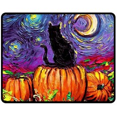 Halloween Art Starry Night Hallows Eve Black Cat Pumpkin Fleece Blanket (medium) by Sarkoni