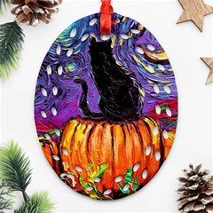 Halloween Art Starry Night Hallows Eve Black Cat Pumpkin Ornament (oval Filigree)