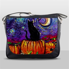 Halloween Art Starry Night Hallows Eve Black Cat Pumpkin Messenger Bag by Sarkoni