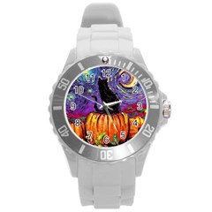 Halloween Art Starry Night Hallows Eve Black Cat Pumpkin Round Plastic Sport Watch (l) by Sarkoni