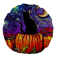 Halloween Art Starry Night Hallows Eve Black Cat Pumpkin Large 18  Premium Round Cushions by Sarkoni