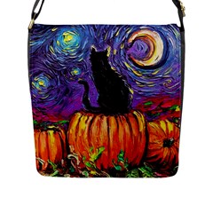 Halloween Art Starry Night Hallows Eve Black Cat Pumpkin Flap Closure Messenger Bag (l)