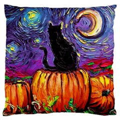 Halloween Art Starry Night Hallows Eve Black Cat Pumpkin Large Premium Plush Fleece Cushion Case (two Sides) by Sarkoni